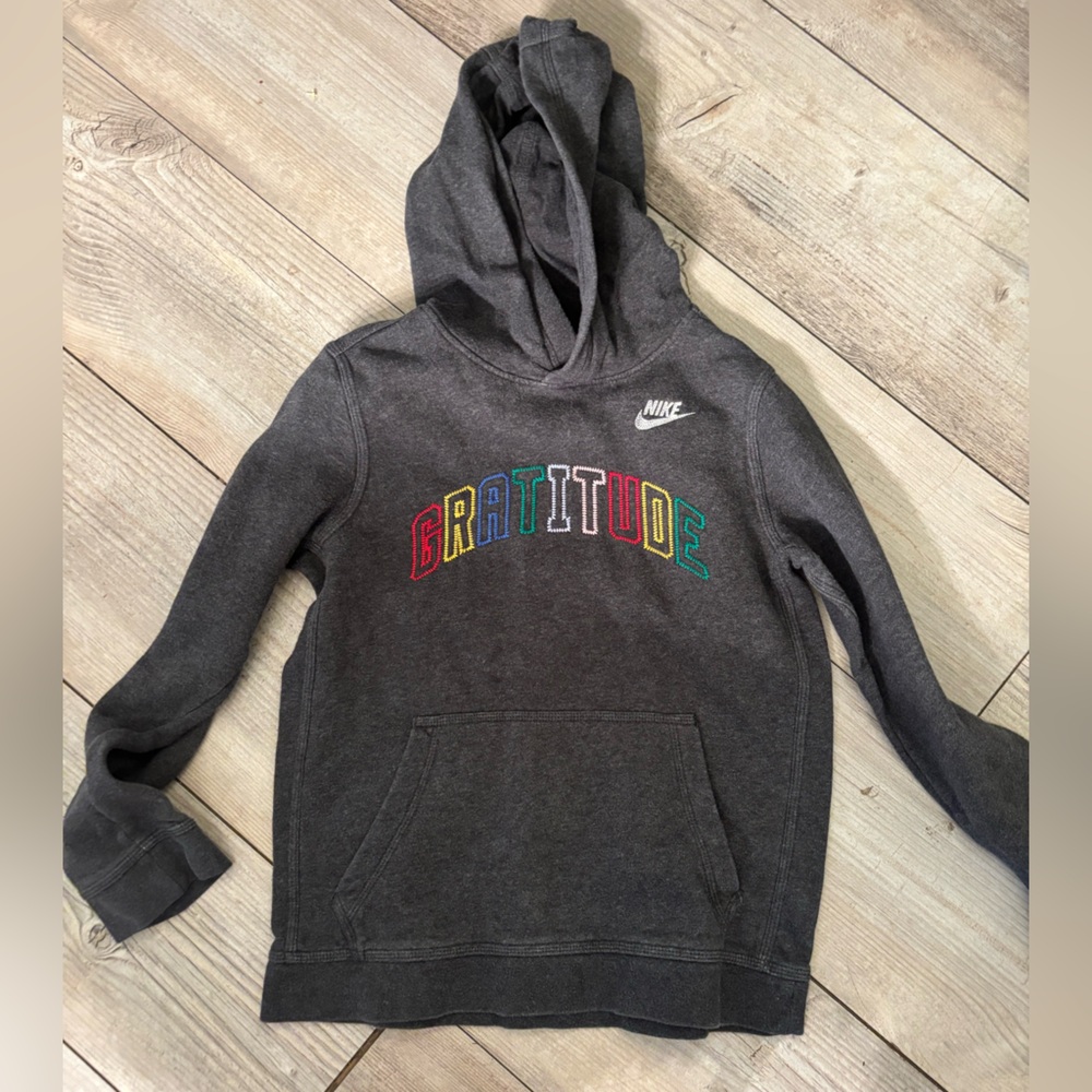 Nike Dark Gray Hoodie with Gratitude Colorful Embroidered Lettering Boys Size L